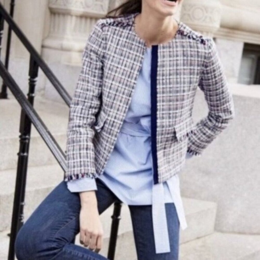 J. Crew Tweed Fringe Plaid Blazer Jacket